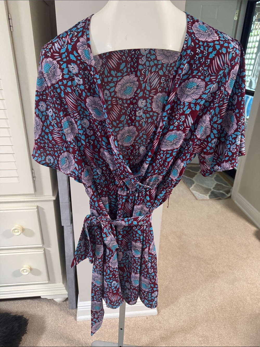 Rebecca Minkoff Burgundy Floral Mini Dress with Blue and Pink Accents